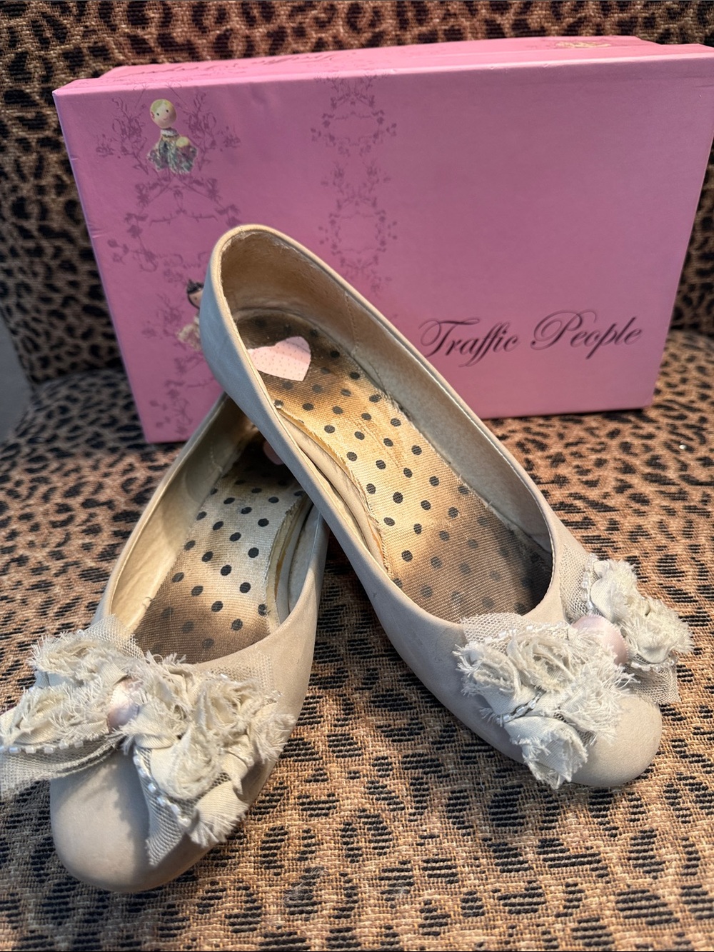 Traffic People Cream Ballet Flats with Frayed Bow Accent